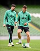 4 September 2025; Dara O'Shea and Finn Azaz, left, during a Republic of Ireland training session at the Aviva Stadium in Dublin. Photo by Stephen McCarthy/Sportsfile