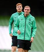 4 September 2025; Killian Phillips and Jake O'Brien, left, during a Republic of Ireland training session at the Aviva Stadium in Dublin. Photo by Stephen McCarthy/Sportsfile