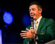 4 September 2025; Rory McIlroy of Northern Ireland, wearing the Green Jacket he recieved after winning The Masters in April, during a Q&A session on day one of the Amgen Irish Open Golf Championship 2025 at The K Club in Straffan, Kildare. Photo by Ramsey Cardy/Sportsfile