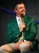 4 September 2025; Rory McIlroy of Northern Ireland, wearing the Green Jacket he recieved after winning The Masters in April, during a Q&A session on day one of the Amgen Irish Open Golf Championship 2025 at The K Club in Straffan, Kildare. Photo by Ramsey Cardy/Sportsfile
