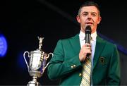 4 September 2025; Rory McIlroy of Northern Ireland, wearing the Green Jacket he recieved after winning The Masters in April, during a Q&A session on day one of the Amgen Irish Open Golf Championship 2025 at The K Club in Straffan, Kildare. Photo by Ramsey Cardy/Sportsfile