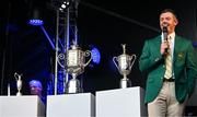 4 September 2025; Rory McIlroy of Northern Ireland, wearing the Green Jacket he recieved after winning The Masters in April, alongside the major trophies, from left, The Open, The US Open and the US PGA Championship, during a Q&A session on day one of the Amgen Irish Open Golf Championship 2025 at The K Club in Straffan, Kildare. Photo by Ramsey Cardy/Sportsfile