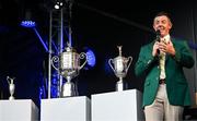 4 September 2025; Rory McIlroy of Northern Ireland, wearing the Green Jacket he recieved after winning The Masters in April, alongside the major trophies, from left, The Open, The US Open and the US PGA Championship, during a Q&A session on day one of the Amgen Irish Open Golf Championship 2025 at The K Club in Straffan, Kildare. Photo by Ramsey Cardy/Sportsfile