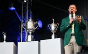 4 September 2025; Rory McIlroy of Northern Ireland, wearing the Green Jacket he recieved after winning The Masters in April, alongside the major trophies, from left, The Open, The US Open and the US PGA Championship, during a Q&A session on day one of the Amgen Irish Open Golf Championship 2025 at The K Club in Straffan, Kildare. Photo by Ramsey Cardy/Sportsfile