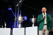 4 September 2025; Rory McIlroy of Northern Ireland, wearing the Green Jacket he recieved after winning The Masters in April, alongside the major trophies, from left, The Open, The US Open and the US PGA Championship, during a Q&A session on day one of the Amgen Irish Open Golf Championship 2025 at The K Club in Straffan, Kildare. Photo by Ramsey Cardy/Sportsfile
