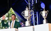 4 September 2025; Rory McIlroy of Northern Ireland, wearing the Green Jacket he recieved after winning The Masters in April, alongside the major trophies, from left, The Open, The US Open and the US PGA Championship, during a Q&A session on day one of the Amgen Irish Open Golf Championship 2025 at The K Club in Straffan, Kildare. Photo by Ramsey Cardy/Sportsfile