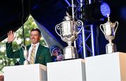 4 September 2025; Rory McIlroy of Northern Ireland, wearing the Green Jacket he recieved after winning The Masters in April, alongside the major trophies, from left, The Open, The US Open and the US PGA Championship, during a Q&A session on day one of the Amgen Irish Open Golf Championship 2025 at The K Club in Straffan, Kildare. Photo by Ramsey Cardy/Sportsfile