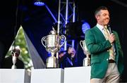 4 September 2025; Rory McIlroy of Northern Ireland, wearing the Green Jacket he recieved after winning The Masters in April, alongside the major trophies, from left, The Open, The US Open and the US PGA Championship, during a Q&A session on day one of the Amgen Irish Open Golf Championship 2025 at The K Club in Straffan, Kildare. Photo by Ramsey Cardy/Sportsfile