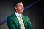 4 September 2025; Rory McIlroy of Northern Ireland, wearing the Green Jacket he recieved after winning The Masters in April, during a Q&A session on day one of the Amgen Irish Open Golf Championship 2025 at The K Club in Straffan, Kildare. Photo by Ramsey Cardy/Sportsfile