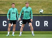 5 September 2025; Nathan Collins and Johnny Kenny, left, during a Republic of Ireland training session at the FAI National Training Centre in Abbotstown, Dublin. Photo by Stephen McCarthy/Sportsfile