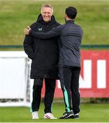 5 September 2025; Head coach Heimir Hallgrimsson receives a hug from strength and conditioning coach Pepe Lázaro Ramírez during a Republic of Ireland training session at the FAI National Training Centre in Abbotstown, Dublin. Photo by Stephen McCarthy/Sportsfile