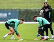 5 September 2025; Dara O'Shea, left, with Matt Doherty and assistant head coach John O'Shea during a Republic of Ireland training session at the FAI National Training Centre in Abbotstown, Dublin. Photo by Stephen McCarthy/Sportsfile