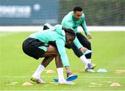 5 September 2025; Bosun Lawal and Adam Idah, right, during a Republic of Ireland training session at the FAI National Training Centre in Abbotstown, Dublin. Photo by Stephen McCarthy/Sportsfile