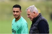 5 September 2025; Adam Idah and FAI board member and chair of the international and high performance committee Packie Bonner during a Republic of Ireland training session at the FAI National Training Centre in Abbotstown, Dublin. Photo by Stephen McCarthy/Sportsfile