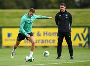 5 September 2025; Kasey McAteer and assistant coach Paddy McCarthy during a Republic of Ireland training session at the FAI National Training Centre in Abbotstown, Dublin. Photo by Stephen McCarthy/Sportsfile