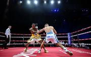 5 September 2025; Mario Victorino Vera, left, and Codie Smith in action during their super featherweight bout at the 3 Arena in Dublin. Photo by David Fitzgerald/Sportsfile