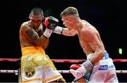 5 September 2025; Codie Smith, right, and Mario Victorino Vera in action during their super featherweight bout at the 3 Arena in Dublin. Photo by David Fitzgerald/Sportsfile