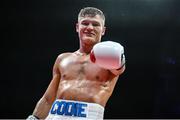 5 September 2025; Codie Smith celebrates after winning his super featherweight bout against Mario Victorino Vera during a Boxing from Dublin event at the 3Arena in Dublin. Photo by David Fitzgerald/Sportsfile