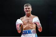 5 September 2025; Codie Smith celebrates after winning his super featherweight bout against Mario Victorino Vera during a Boxing from Dublin event at the 3Arena in Dublin. Photo by David Fitzgerald/Sportsfile Photo by David Fitzgerald/Sportsfile