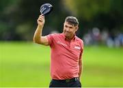 5 September 2025; Padraig Harrington of Ireland acknowledges the gallery after finishing with a birdie on the 18th green during day two of the Amgen Irish Open Golf Championship 2025 at The K Club in Straffan, Kildare. Photo by Ramsey Cardy/Sportsfile