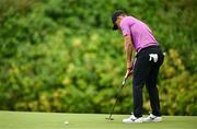 5 September 2025; Adrien Saddier of France mosses a par putt on the 17th green during day two of the Amgen Irish Open Golf Championship 2025 at The K Club in Straffan, Kildare. Phoot by Seb Daly/Sportsfile