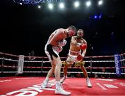 5 September 2025; Khalid Ennachat, right, and Dan Toward in action during their super welterweight bout at the 3 Arena in Dublin. Photo by David Fitzgerald/Sportsfile