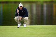 5 September 2025; Rory McIlroy of Northern Ireland lines up a putt on the 18th green during day two of the Amgen Irish Open Golf Championship 2025 at The K Club in Straffan, Kildare. Photo by Seb Daly/Sportsfile