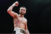5 September 2025; Dan Toward celebrates after winning his super welterweight bout against Khalid Ennachat during a Boxing from Dublin event at the 3Arena in Dublin. Photo by David Fitzgerald/Sportsfile