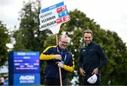 5 September 2025; Joakim Lagergren of Sweden with scoreboard carrier Hugh O’Connor, from Newbridge, Kildare, after finishing his round on the ninth green during day two of the Amgen Irish Open Golf Championship 2025 at The K Club in Straffan, Kildare. Photo by Seb Daly/Sportsfile
