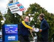5 September 2025; Joakim Lagergren of Sweden with scoreboard carrier Hugh O’Connor, from Newbridge, Kildare, after finishing his round on the ninth green during day two of the Amgen Irish Open Golf Championship 2025 at The K Club in Straffan, Kildare. Photo by Seb Daly/Sportsfile