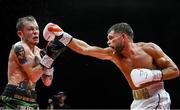 5 September 2025; Ben Marksby, right, and Senan Kelly in action during their super lightweight bout at the 3 Arena in Dublin. Photo by David Fitzgerald/Sportsfile