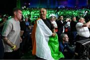 5 September 2025; Former Ireland and Munster rugby player Simon Zebo, centre, and former Ireland and current Wrexham footballer James McClean, left, after walking out with Michael Conlan ahead of his vacant WBC International Featherweight title bout against Jack Bateson at the 3 Arena in Dublin. Photo by David Fitzgerald/Sportsfile