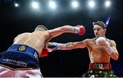 5 September 2025; Michael Conlan, right, and Jack Bateson in action during their vacant WBC International Featherweight title bout at the 3 Arena in Dublin. Photo by David Fitzgerald/Sportsfile
