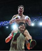 5 September 2025; Michael Conlan celebrates after winning his vacant WBC International Featherweight title bout against Jack Bateson at the 3 Arena in Dublin. Photo by David Fitzgerald/Sportsfile