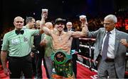 5 September 2025; Michael Conlan, centre, celebrates after winning his vacant WBC International Featherweight title bout against Jack Bateson at the 3 Arena in Dublin. Photo by David Fitzgerald/Sportsfile