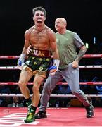 5 September 2025; Michael Conlan celebrates after winning his vacant WBC International Featherweight title bout against Jack Bateson at the 3 Arena in Dublin. Photo by David Fitzgerald/Sportsfile