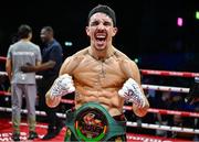 5 September 2025; Michael Conlan celebrates after winning his vacant WBC International Featherweight title bout against Jack Bateson at the 3 Arena in Dublin. Photo by David Fitzgerald/Sportsfile