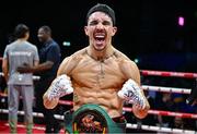 5 September 2025; Michael Conlan celebrates after winning his vacant WBC International Featherweight title bout against Jack Bateson at the 3 Arena in Dublin. Photo by David Fitzgerald/Sportsfile