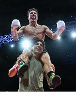 5 September 2025; Michael Conlan celebrates after winning his vacant WBC International Featherweight title bout against Jack Bateson at the 3 Arena in Dublin. Photo by David Fitzgerald/Sportsfile