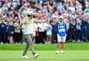 6 September 2025; Alfredo Garcia-Heredia of Spain celebrates holing an eagle putt on the 18th green during day three of the Amgen Irish Open Golf Championship 2025 at The K Club in Straffan, Kildare. Photo by Ramsey Cardy/Sportsfile