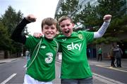 6 September 2025; Republic of Ireland supporters Charlie Whelan, left, and Dylan Greally, both age 10 and from Navan, Meath, before the FIFA World Cup 2026 Group F qualifying match between Republic of Ireland and Hungary at the Aviva Stadium in Dublin. Photo by Ben McShane/Sportsfile