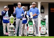 6 September 2025; Stuart Grehan of Great Britain and Ireland, left, is introduced to the gallery on the first tee during the Saturday Foursomes on day one of the 50th Walker Cup at Cypress Point Club in California, USA. Photo by Brian Spurlock/Sportsfile