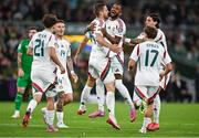 6 September 2025; Barnabás Varga of Hungary, 19, celebrates with teammates after scoring their side's first goal during the FIFA World Cup 2026 Group F qualifying match between Republic of Ireland and Hungary at the Aviva Stadium in Dublin. Photo by David Fitzgerald/Sportsfile