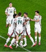 6 September 2025; Hungary players celebrate after Barnabás Varga, centre, scores their side's first goal during the FIFA World Cup 2026 Group F qualifying match between Republic of Ireland and Hungary at the Aviva Stadium in Dublin. Photo by Piaras Ó Mídheach/Sportsfile