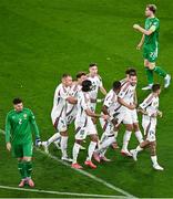 6 September 2025; Hungary players celebrate after Barnabás Varga, centre, scores their side's first goal during the FIFA World Cup 2026 Group F qualifying match between Republic of Ireland and Hungary at the Aviva Stadium in Dublin. Photo by Piaras Ó Mídheach/Sportsfile