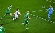 6 September 2025; Barnabás Varga of Hungary shoots to score his side's first goal during the FIFA World Cup 2026 Group F qualifying match between Republic of Ireland and Hungary at the Aviva Stadium in Dublin. Photo by Piaras Ó Mídheach/Sportsfile