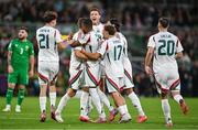 6 September 2025; Barnabás Varga of Hungary, 19, celebrates with teammates after scoring their side's first goal during the FIFA World Cup 2026 Group F qualifying match between Republic of Ireland and Hungary at the Aviva Stadium in Dublin. Photo by David Fitzgerald/Sportsfile