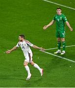 6 September 2025; Barnabás Varga of Hungary celebrates after scoring his side's first goal during the FIFA World Cup 2026 Group F qualifying match between Republic of Ireland and Hungary at the Aviva Stadium in Dublin. Photo by Piaras Ó Mídheach/Sportsfile