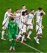 6 September 2025; Barnabás Varga of Hungary, centre, celebrates with team-mates after scoring his side's first goal during the FIFA World Cup 2026 Group F qualifying match between Republic of Ireland and Hungary at the Aviva Stadium in Dublin. Photo by Piaras Ó Mídheach/Sportsfile