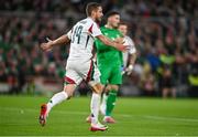6 September 2025; Barnabás Varga of Hungary celebrates after scoring his side's first goal during the FIFA World Cup 2026 Group F qualifying match between Republic of Ireland and Hungary at the Aviva Stadium in Dublin. Photo by David Fitzgerald/Sportsfile